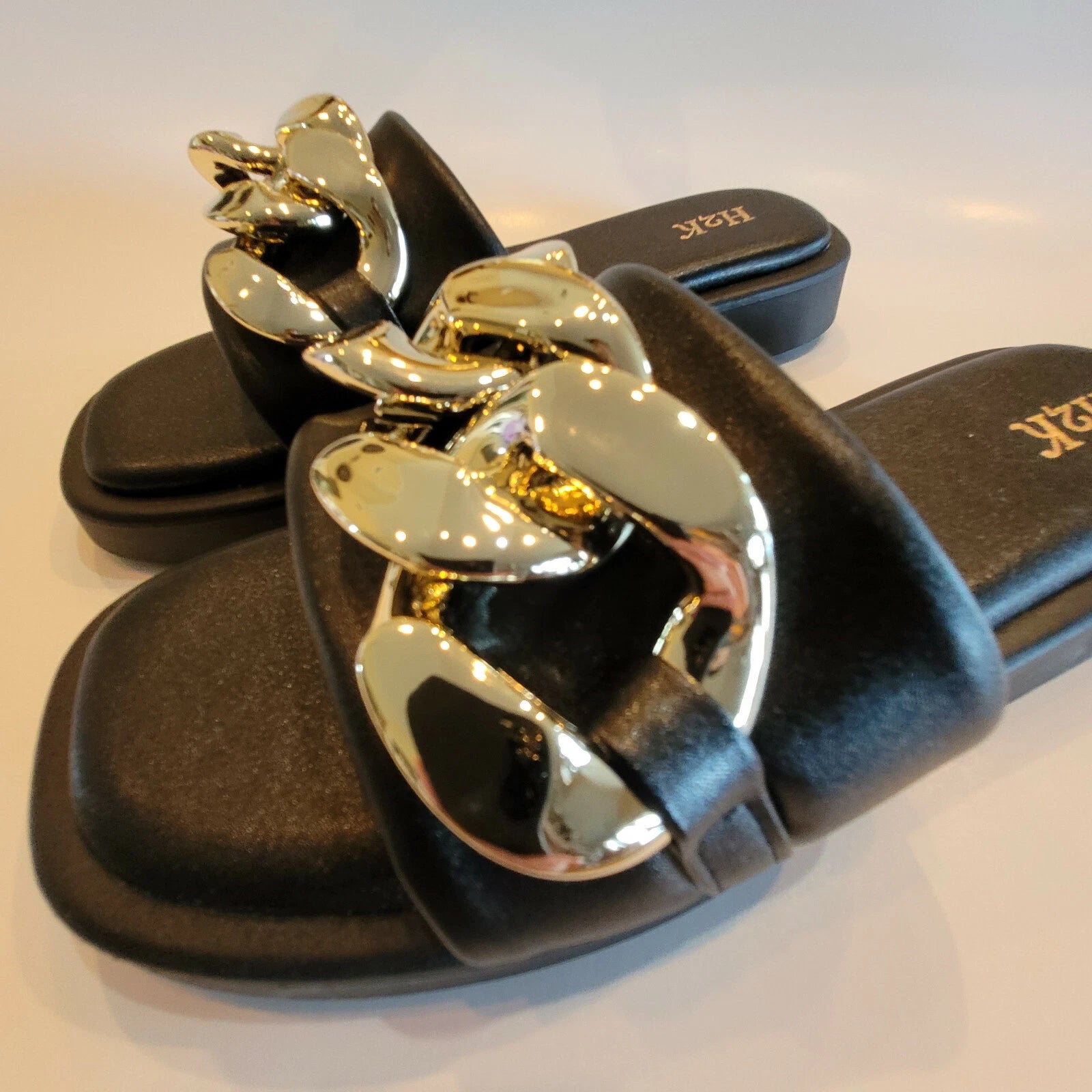H2K Chain Black Fashion Comfort Soft Slides Flip Flops Sandals  Open Toe New