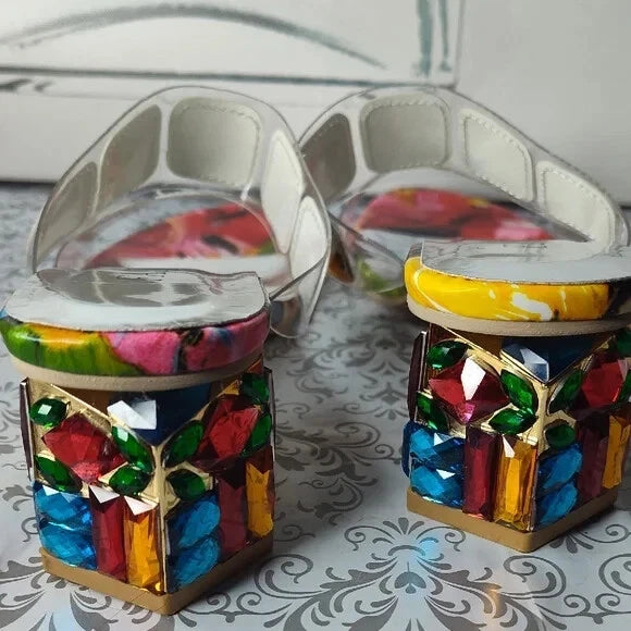 Fashion Multicolor Jeweled Block Heel Slides Slip On Shoes Sandals Size 8 / 39