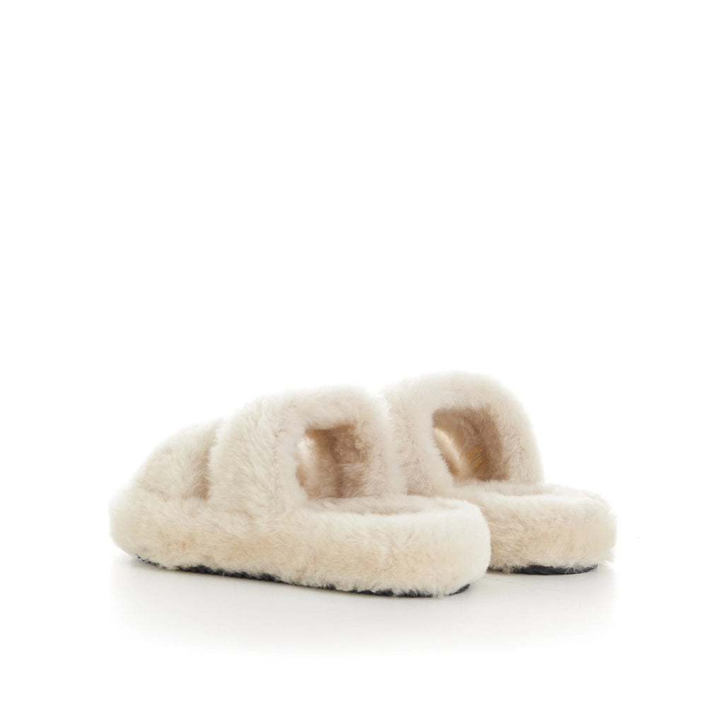 CELINE 870$ Triomphe Open Shearling Fur Slide Sandals - Signature Leather Patch