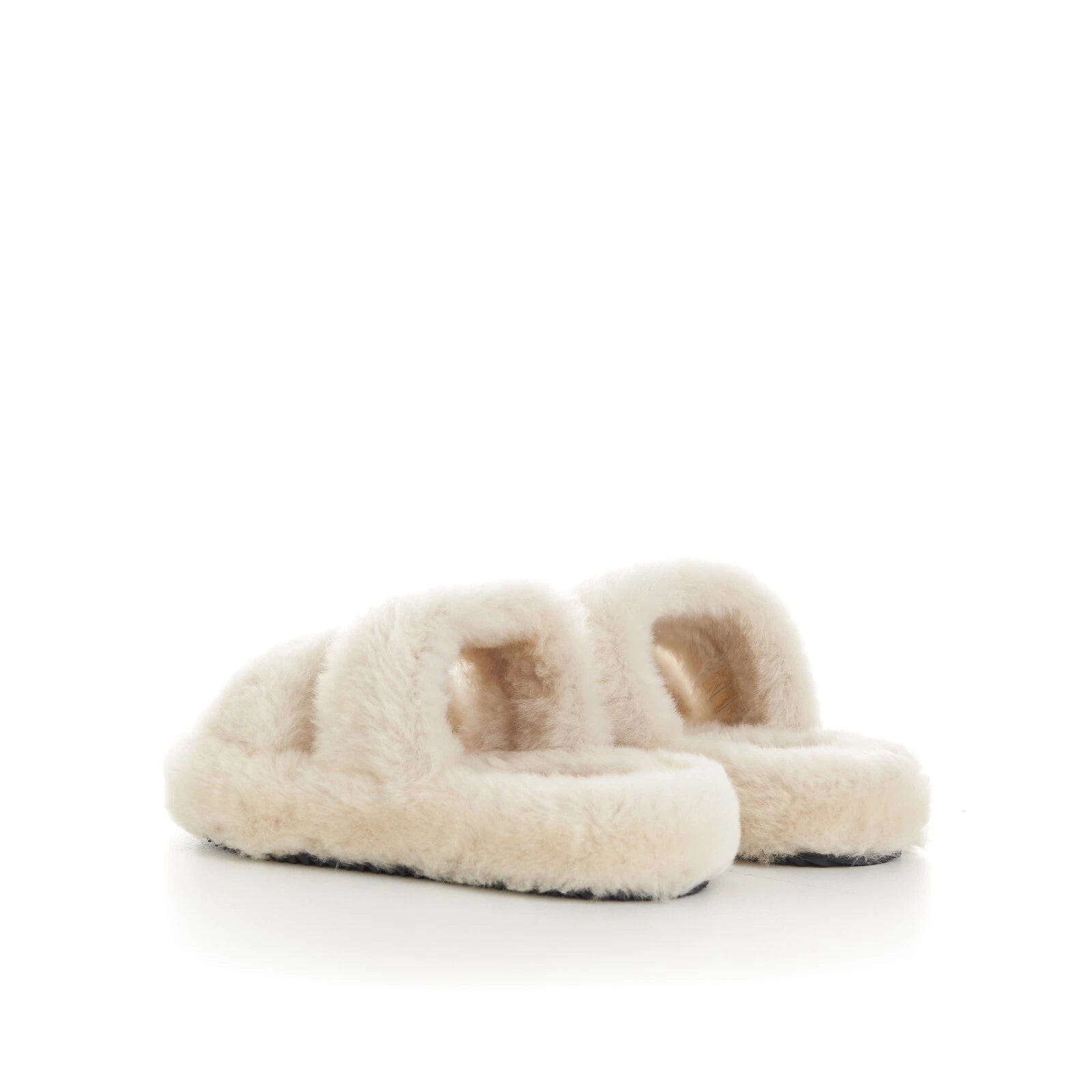 CELINE 870$ Triomphe Open Shearling Fur Slide Sandals - Signature Leather Patch