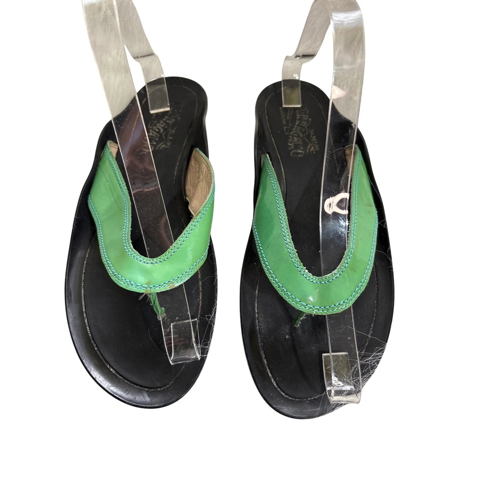 Salvatore Ferragamo Women's Sandals Thong Slide Leather Green Patent Size 8