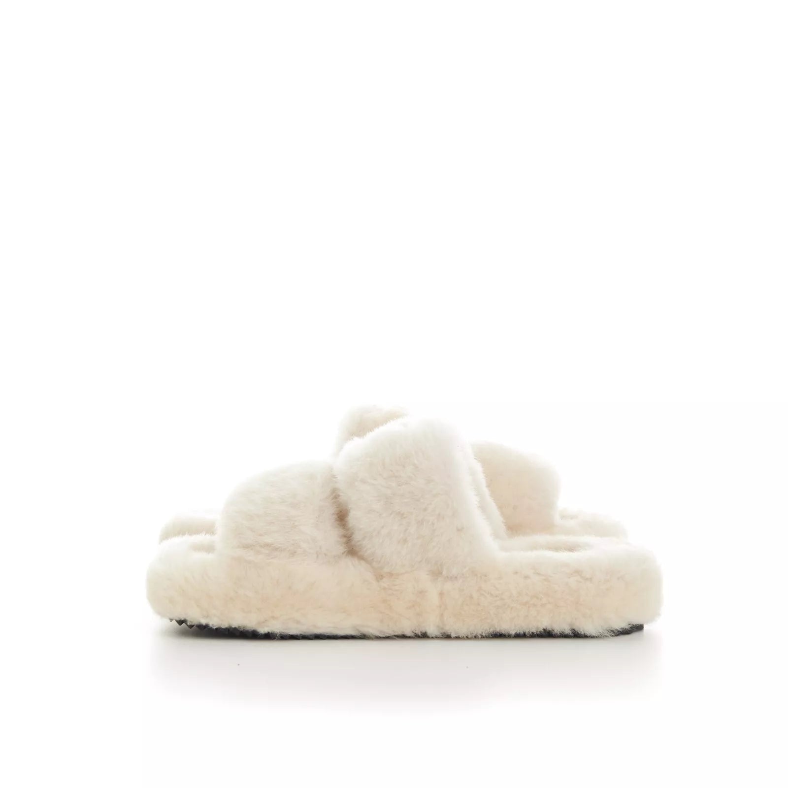 CELINE 870$ Triomphe Open Shearling Fur Slide Sandals - Signature Leather Patch
