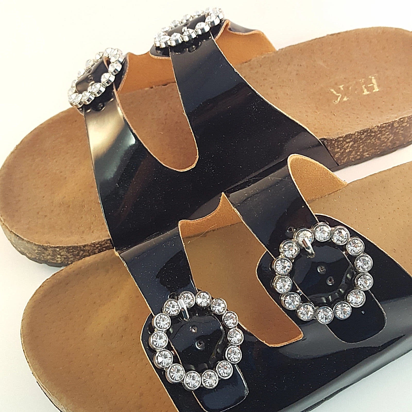 H2K KAREN STONE Buckle Ornament Black Fashion Slides Flip Flops Sandals Bling