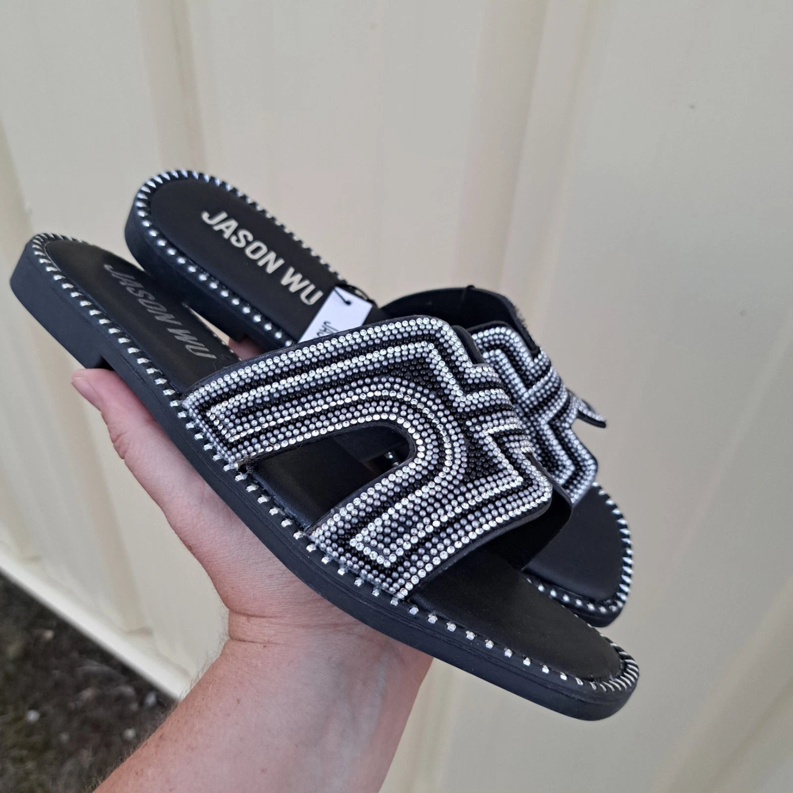 NEW Jason Wu Sandals Size 8 Black Silver Embellished Casual Slip On Slides Randi