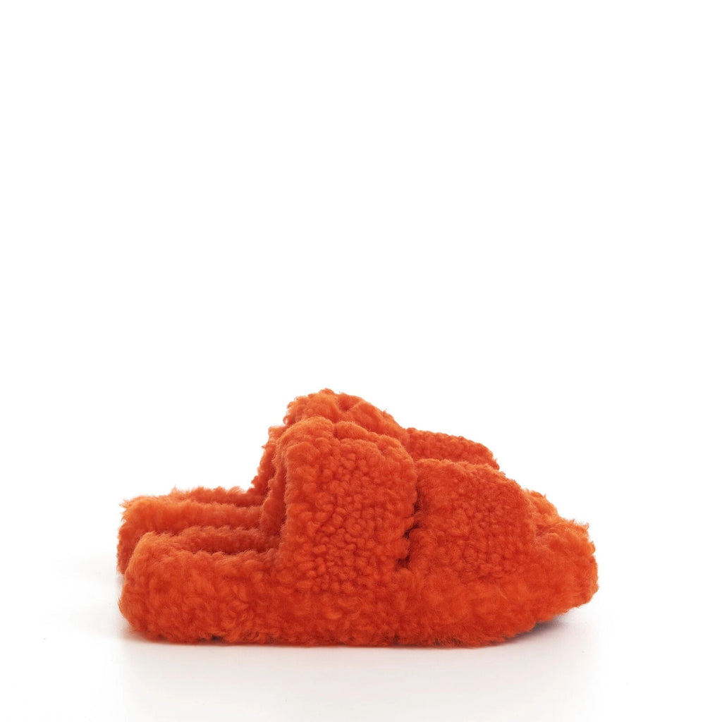 CELINE 730$ Fluffy Shearling Triomphe Fur Slide Sandals - Bright Orange, Patch