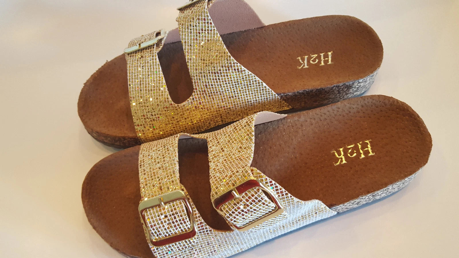 H2K Karen Glitter Gold Fashion Slides Flip Flops Sandals Bling Adjustable Straps