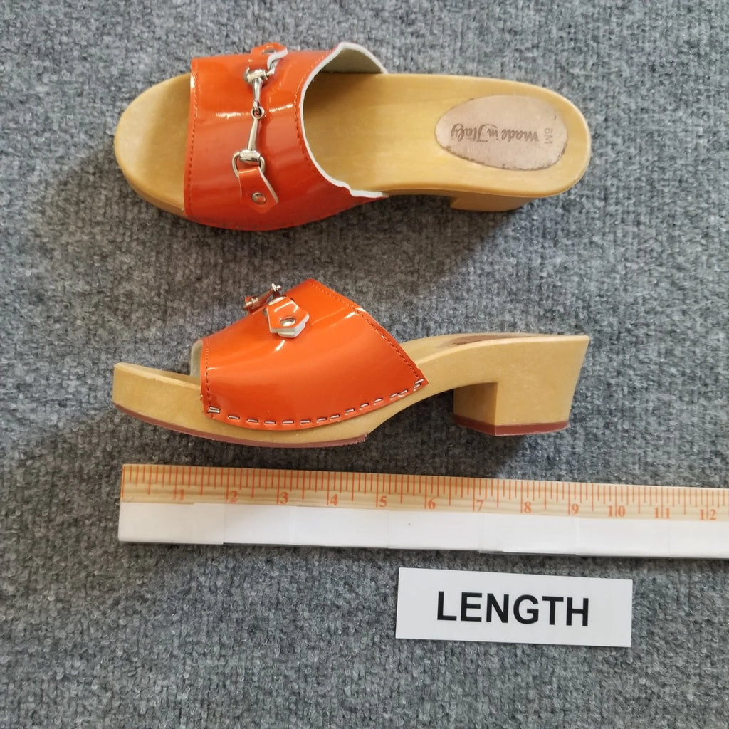 Made in Italy Women Clogs Size US 6M Orange Open Toe Wooden Look Silver Buckle*