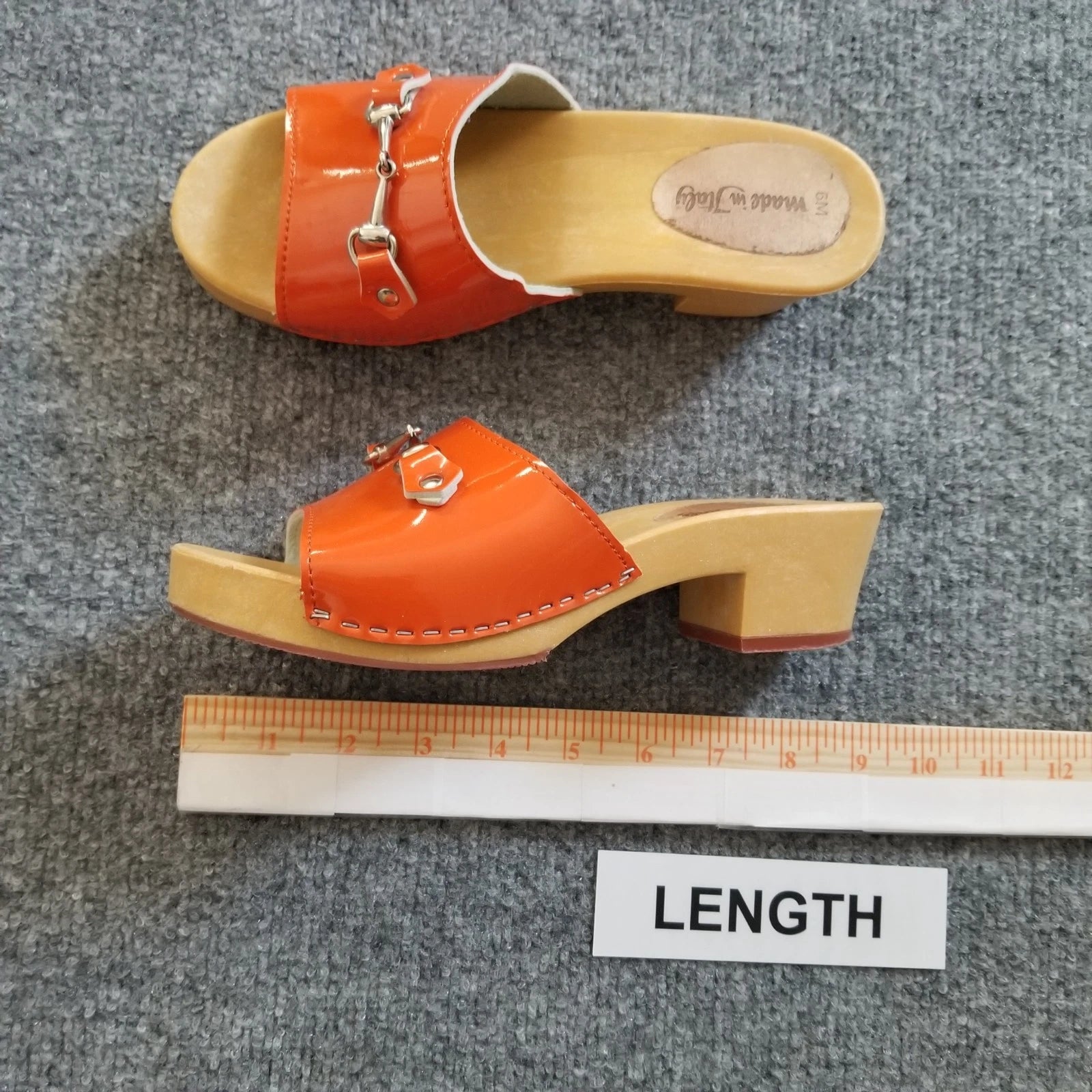 Made in Italy Women Clogs Size US 6M Orange Open Toe Wooden Look Silver Buckle*