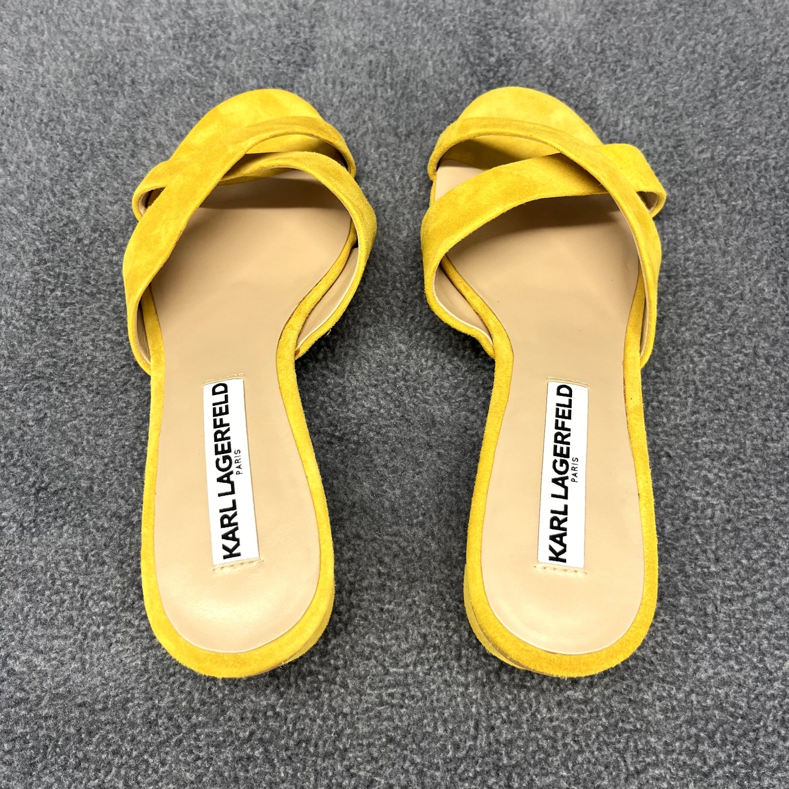 Karl Lagerfeld Sandals Women 7 M Yellow Suede Fawn Canary Slide 2" Block Heel