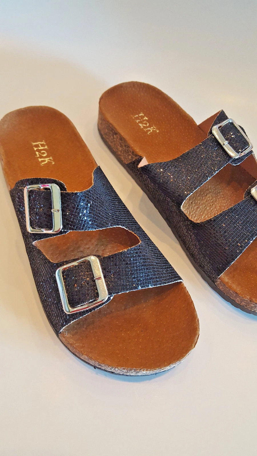 H2K Karen Glitter Black Fashion Slides Flip Flops Sandals Bling Slides Straps