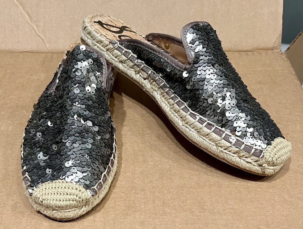 Sam Edelman Kerry Slip On Espadrille Slide Mule Flats Pewter Sequins. NWOB