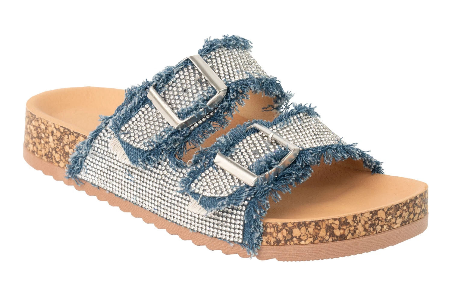 KARAUSA Fashion Rhinestone 2 Buckles Cork Denim Slides Sandals