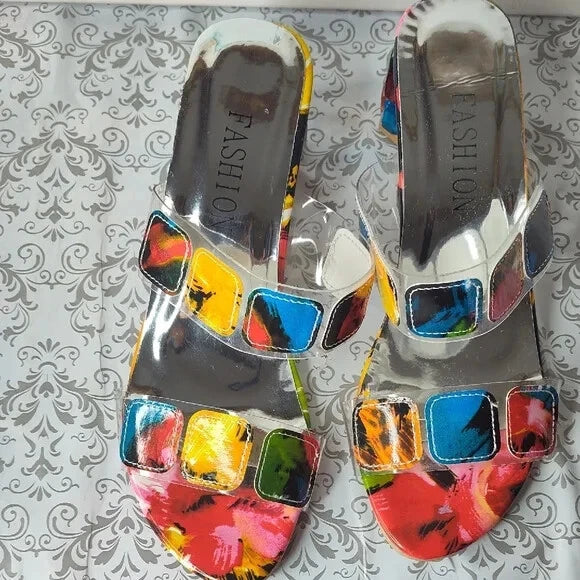 Fashion Multicolor Jeweled Block Heel Slides Slip On Shoes Sandals Size 8 / 39
