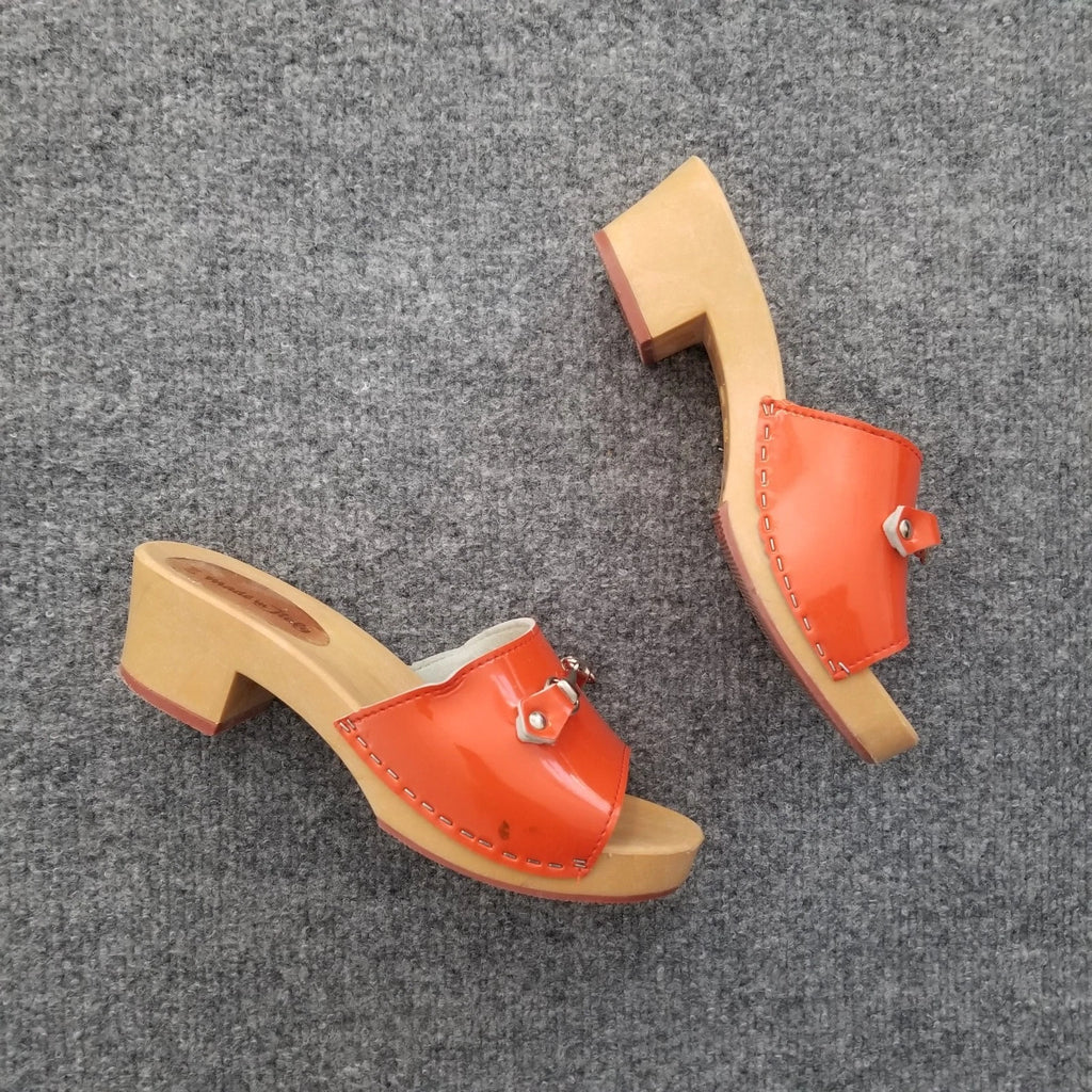 Made in Italy Women Clogs Size US 6M Orange Open Toe Wooden Look Silver Buckle*