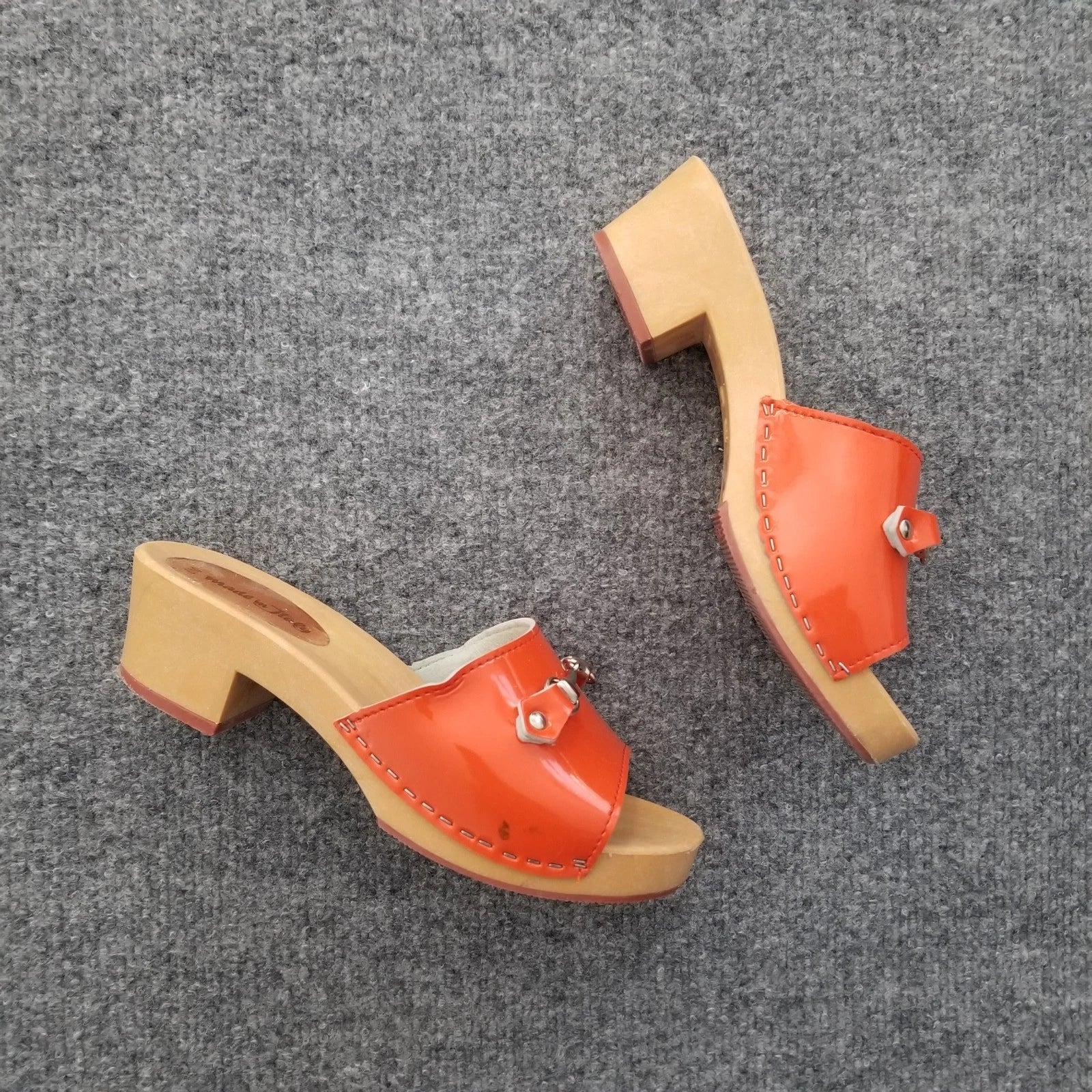 Made in Italy Women Clogs Size US 6M Orange Open Toe Wooden Look Silver Buckle*
