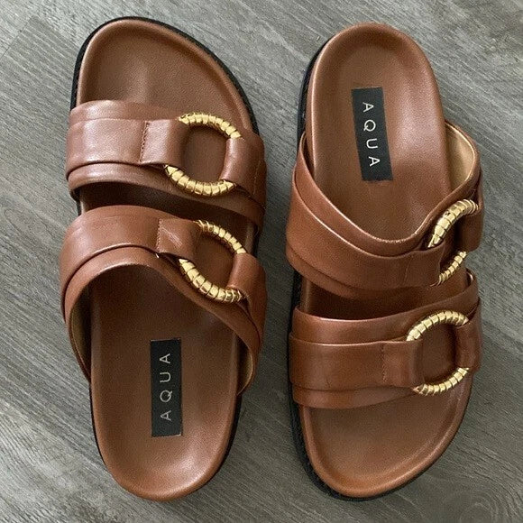 Aqua Bloomingdales Leather Arizona Style Slides Womens 6.5 Brown Gold Black $128