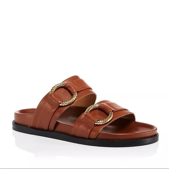 Aqua Bloomingdales Leather Arizona Style Slides Womens 6.5 Brown Gold Black $128