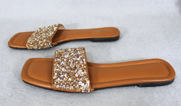 Women's Sandal Slip On Beach Fashion Slides Sq. Toe Rhinestone Sequins 41 9-9.5