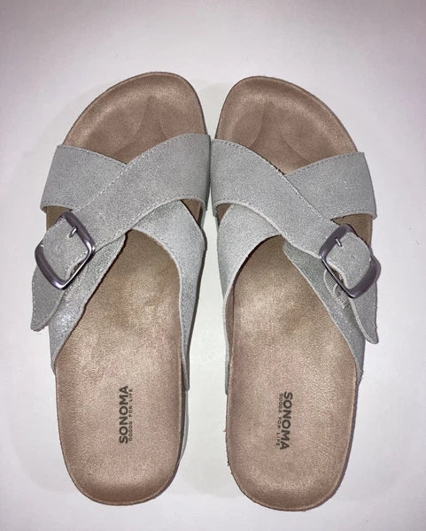 Sonoma Silver Suede Buckle Slide Footbed Sandals Size 7.5 Style Tarragon NEW
