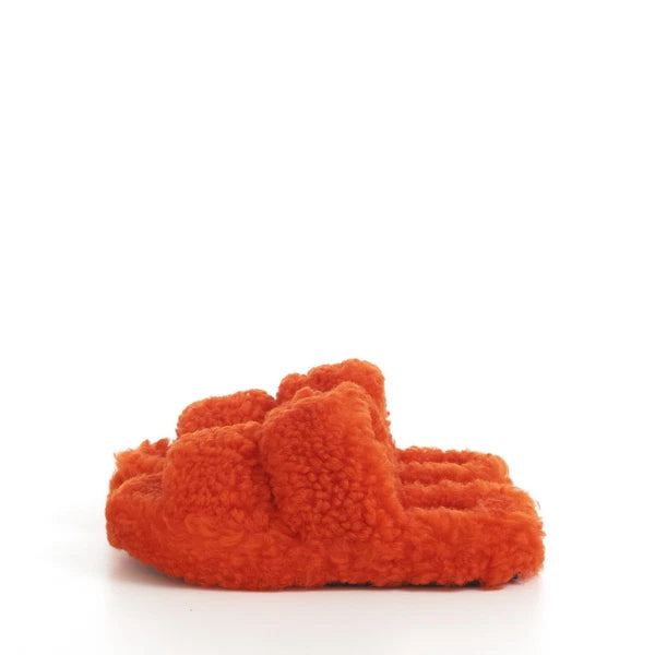 CELINE 730$ Fluffy Shearling Triomphe Fur Slide Sandals - Bright Orange, Patch