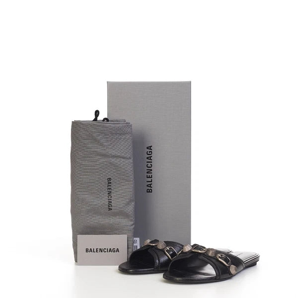 BALENCIAGA 750$ Cagole Slide Sandals - Arena, Studs, Black Leather