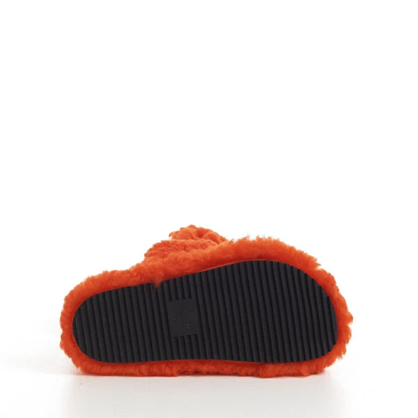 CELINE 730$ Fluffy Shearling Triomphe Fur Slide Sandals - Bright Orange, Patch