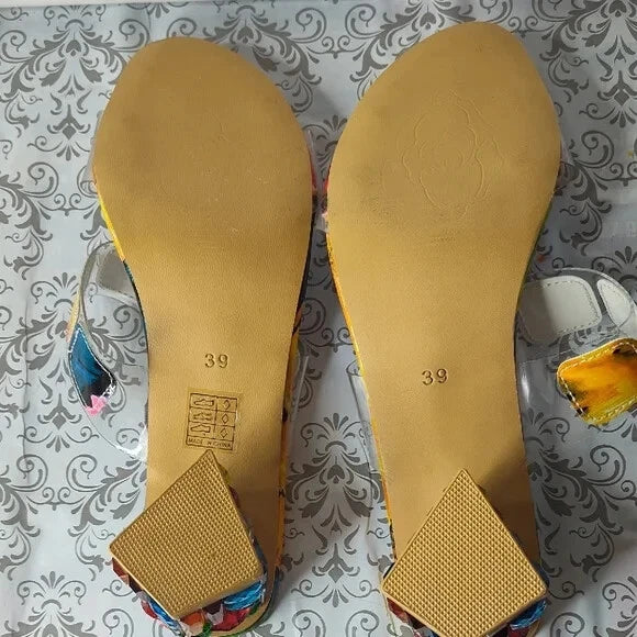 Fashion Multicolor Jeweled Block Heel Slides Slip On Shoes Sandals Size 8 / 39