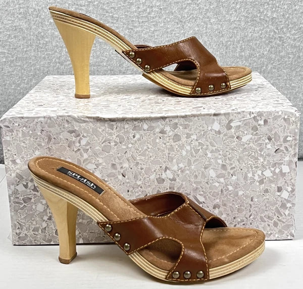 Splash Shoes Womens Size 7 Brown Studded Heeled Mules Sandals Slip On Fashion