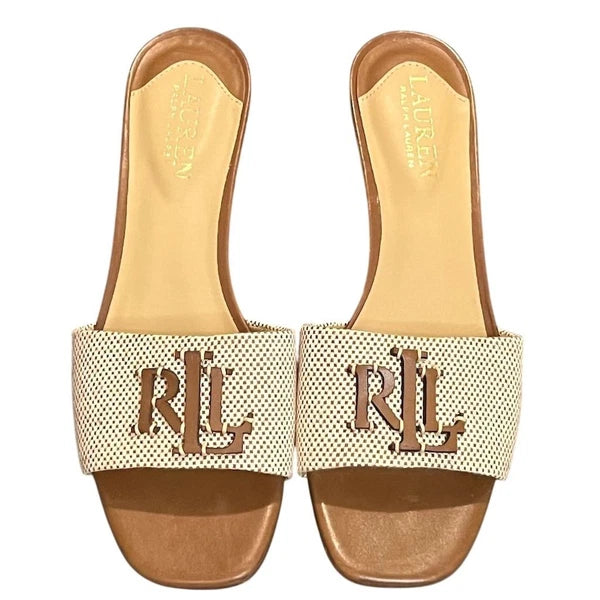 Lauren Ralph Lauren Women's Fay Leather Slide Sandals Brown 6 Preppy Summer