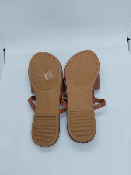 Women Sandals Metal Decor Cut Out Slide Fashionable Brown Flat Size 38 US 7