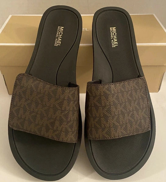 Michael Kors Wade Slide MK Signature Logo Sandals Adjust Closure Brown SZ 11 New