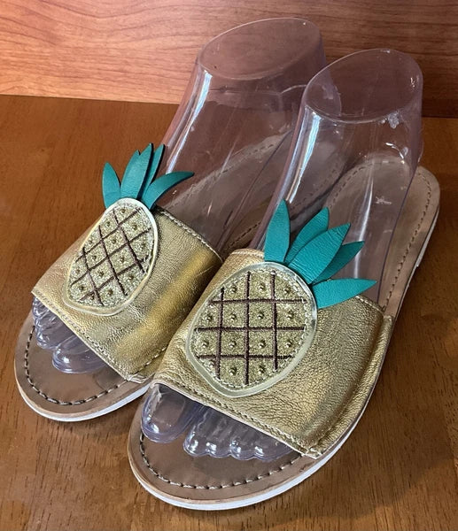 Kate Spade Womens Gold Metallic Leather Glitter Pineapple Sandals Slides Size 6