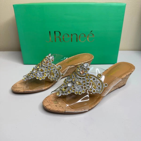 J. Renee Jeweled Cork Wedge Sandals Clear Straps Size 6.5M Party Evening