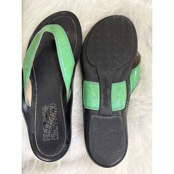 Salvatore Ferragamo Women's Sandals Thong Slide Leather Green Patent Size 8