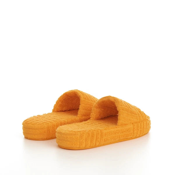 BOTTEGA VENETA 600$ Sponge Slide Sandals - Tangerine Orange Cotton & Rubber
