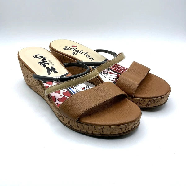 Brighton HARPER Sz 10 Slip On Slides Cork Wedge Sandal Brown Chic Fashion Glam