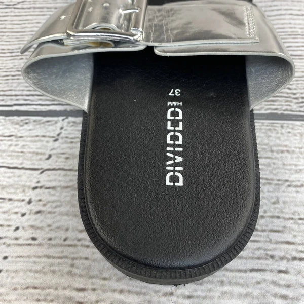 H&M Divided Slide Sandals Women Size 6.5 / 7 Buckle Silver Slip On Shoes NEW