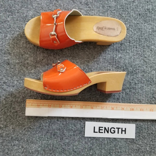 Made in Italy Women Clogs Size US 6M Orange Open Toe Wooden Look Silver Buckle*