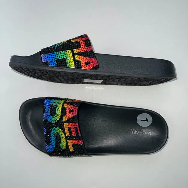 Michael Kors Slides Womens Rhinestones Rainbow Black Bling Sparkly Pride Gilmore