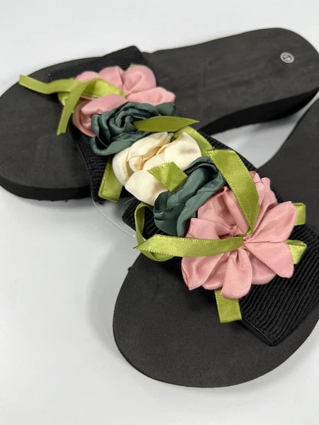Women Flower Decor Single Band Slides Fashion Outdoor Polyester Slides  SIZE8.5