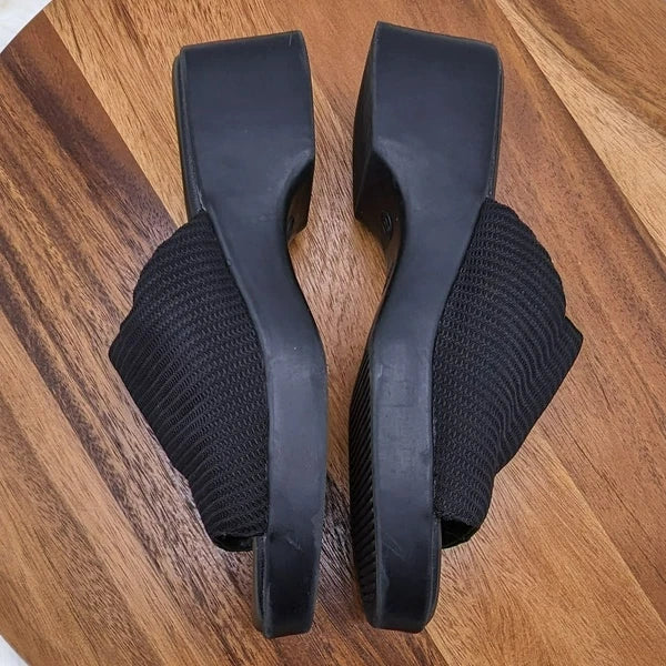 Fanfares Mule Slides Sandals 8 Black Square Toe Stretch Fabric Retro Popular 90s