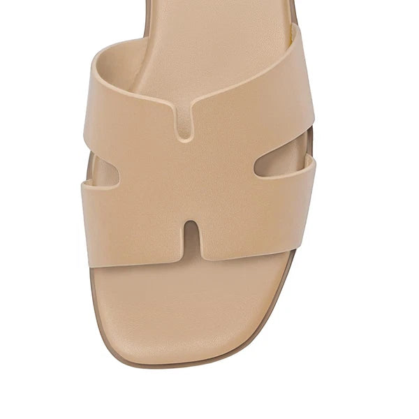 Women's Comfortable Leather Slide Sandals, Dressy Flat Slip-On, Tan