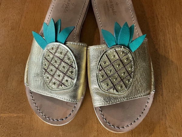 Kate Spade Womens Gold Metallic Leather Glitter Pineapple Sandals Slides Size 6