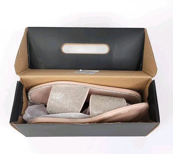 Fashion Nova Sandals Womens 10 w/ Box Flats Silver Rhinestones Slides Slip On