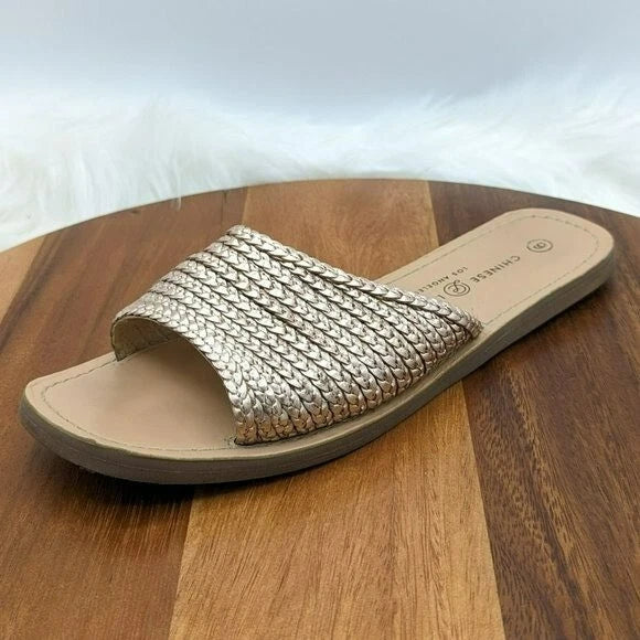 Chinese Laundry Moonshine Slide Sandals 9 Leather Rose Gold Woven Top Flat Comfy