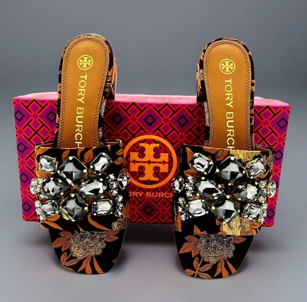 TORY BURCH MARTINE CRYSTAL SLIDE SANDAL FLORAL JACQUARD SZ US 6 NIB