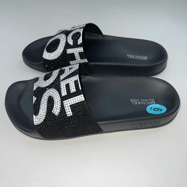 Michael Kors Slides Womens Rhinestones Rainbow Black Bling Sparkly Pride Gilmore
