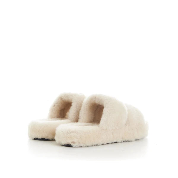 CELINE 870$ Triomphe Open Shearling Fur Slide Sandals - Signature Leather Patch