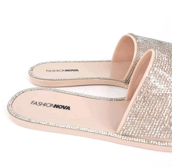 Fashion Nova Sandals Womens 10 w/ Box Flats Silver Rhinestones Slides Slip On