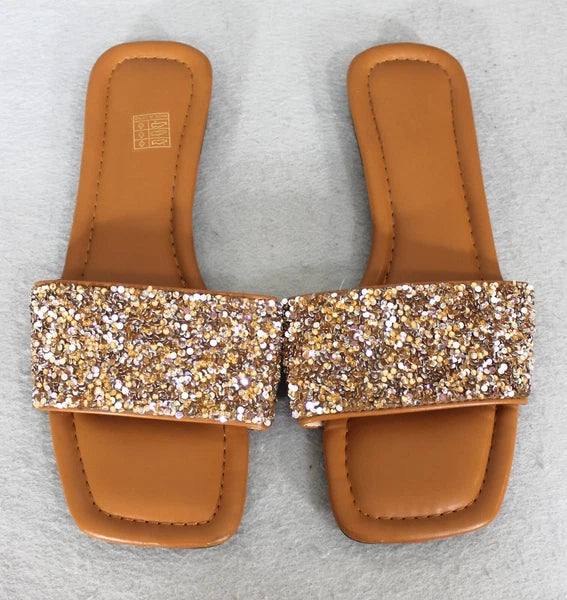 Women's Sandal Slip On Beach Fashion Slides Sq. Toe Rhinestone Sequins 41 9-9.5